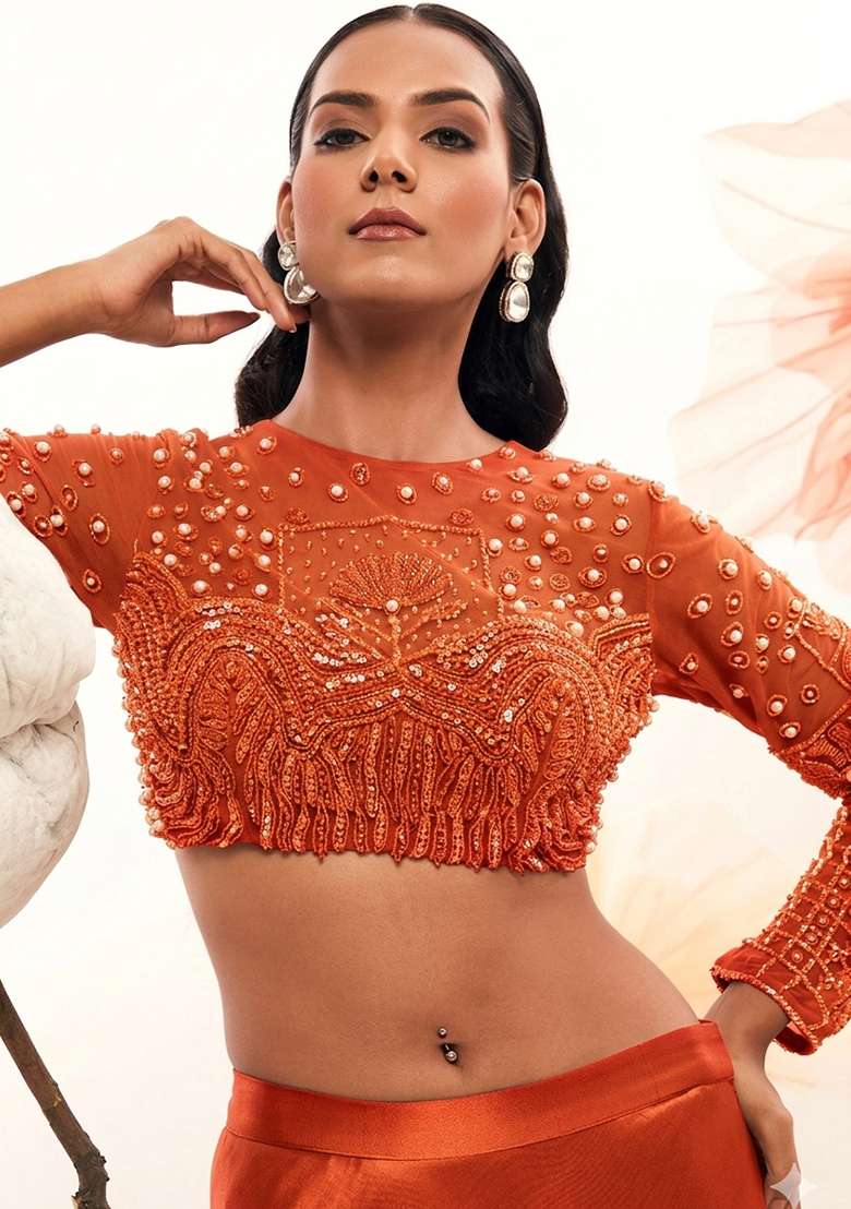 Orange Satin Handwork Lehenga Set - Indya