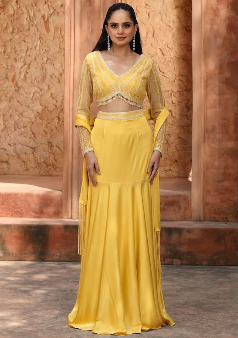 Pastel Yellow Satin Handwork Lehenga Set - Indya
