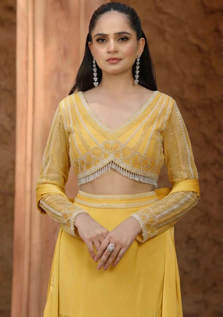 Pastel Yellow Satin Handwork Lehenga Set - Indya