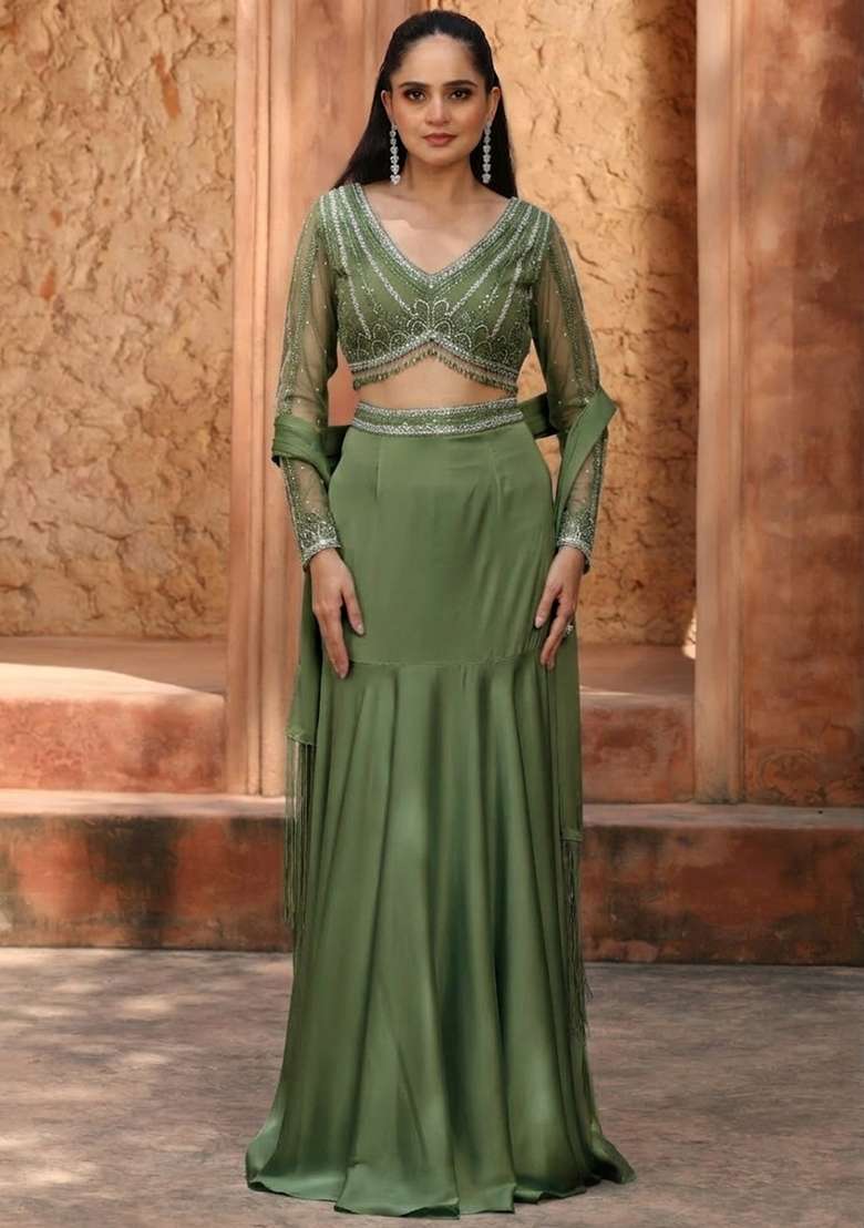 Olive Green Satin Handwork Lehenga Set - Indya
