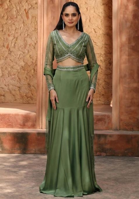Olive Green Satin Handwork Lehenga Set