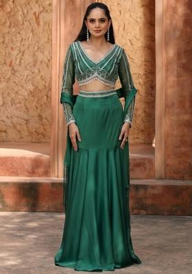 Forest Green Satin Handwork Lehenga Set