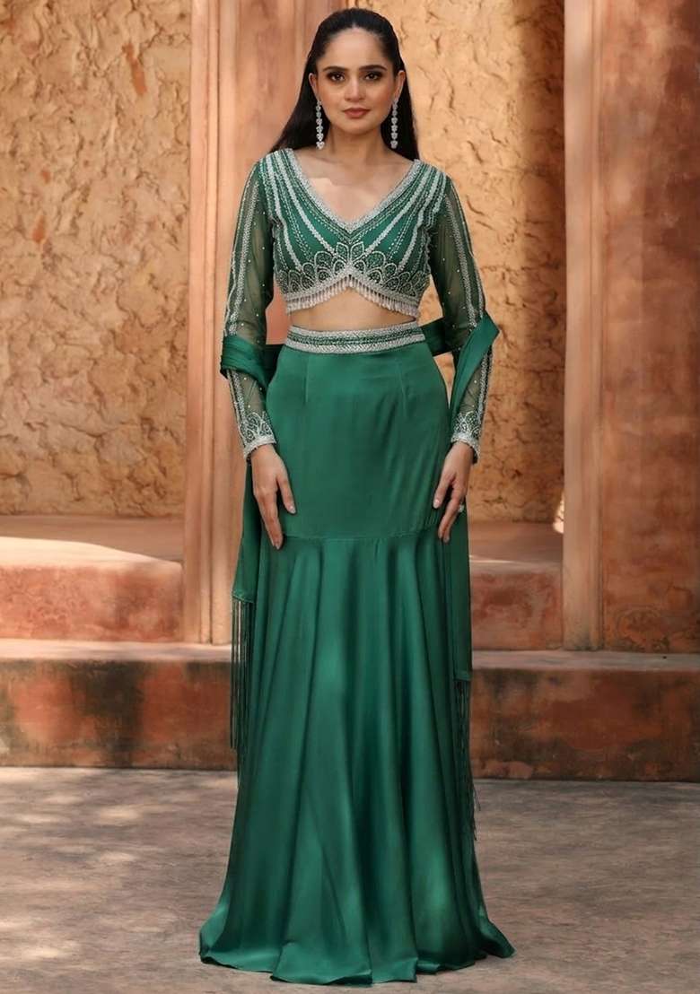Forest Green Satin Handwork Lehenga Set - Indya