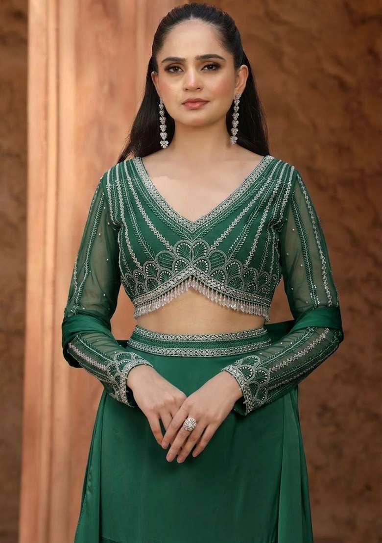 Forest Green Satin Handwork Lehenga Set - Indya