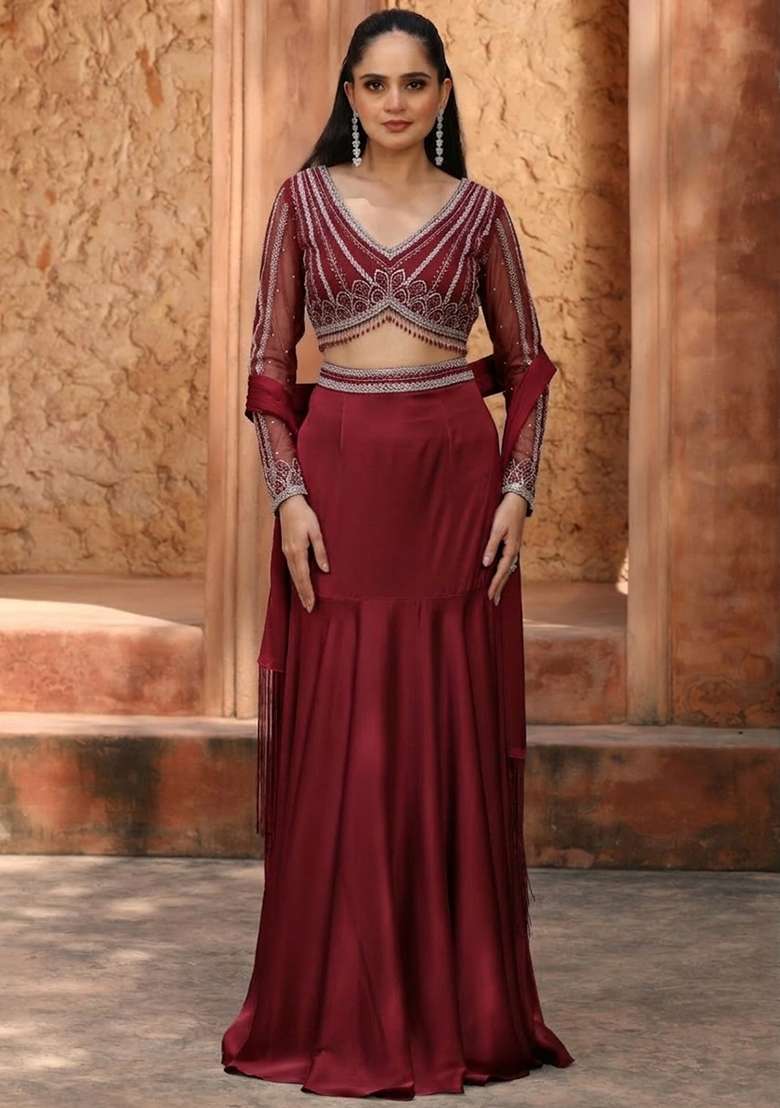 Burgundy Satin Handwork Lehenga Set - Indya