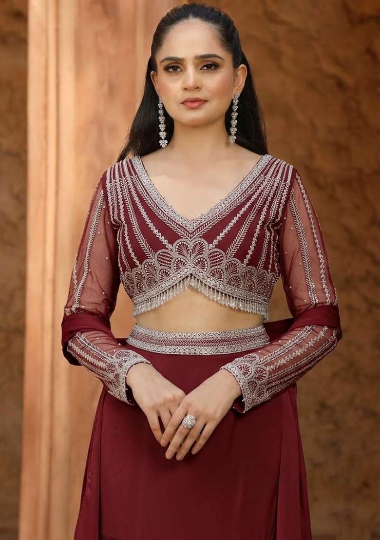 Burgundy Satin Handwork Lehenga Set - Indya
