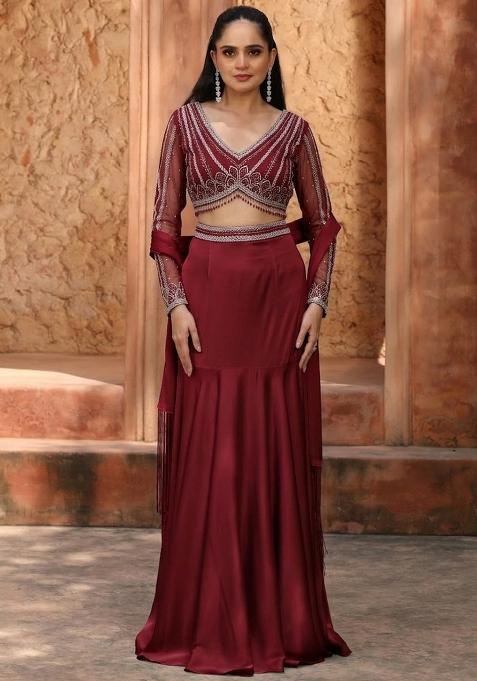 Burgundy Satin Handwork Lehenga Set