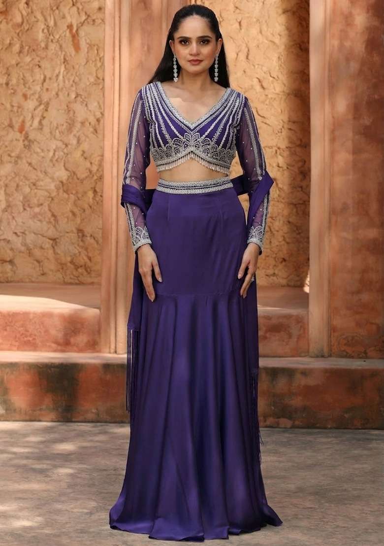 Purple Satin Handwork Lehenga Set - Indya