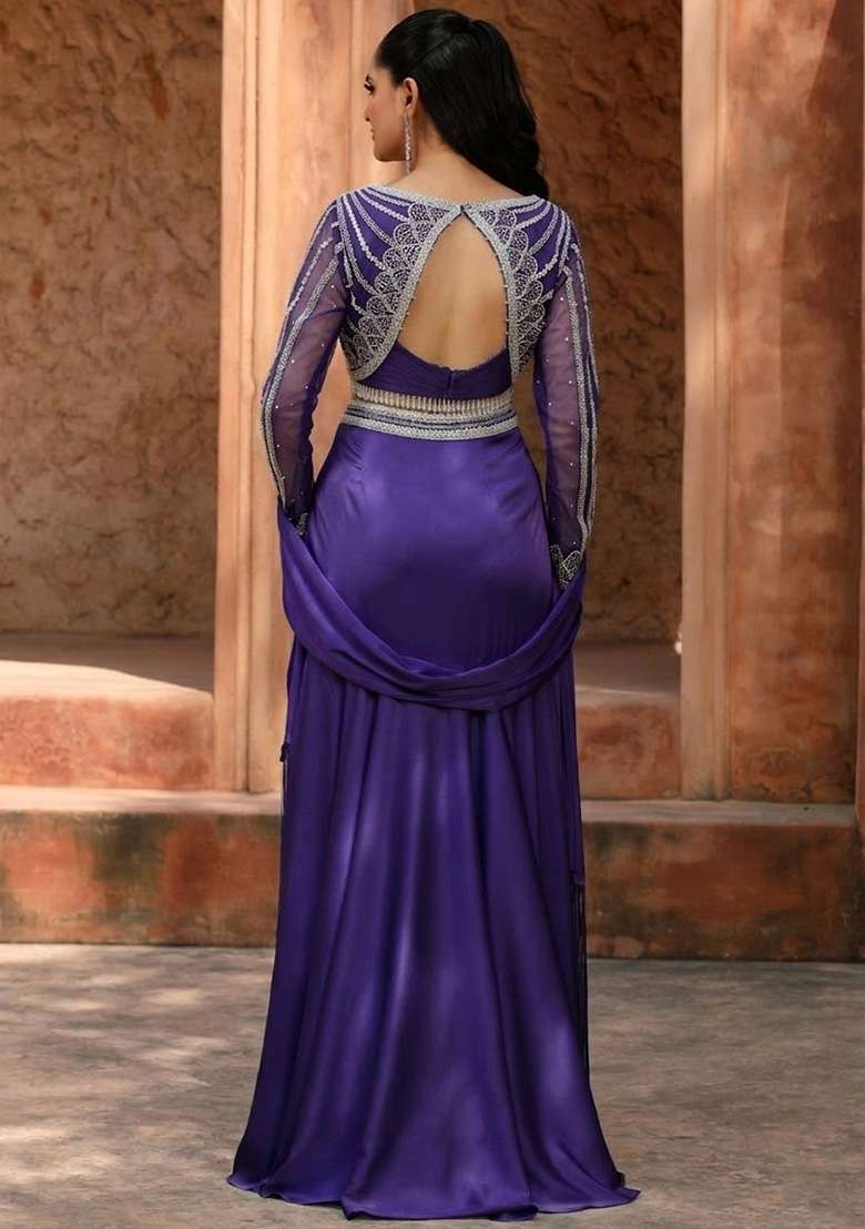 Purple Satin Handwork Lehenga Set - Indya