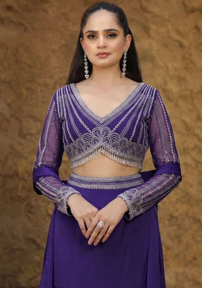 Purple Satin Handwork Lehenga Set - Indya