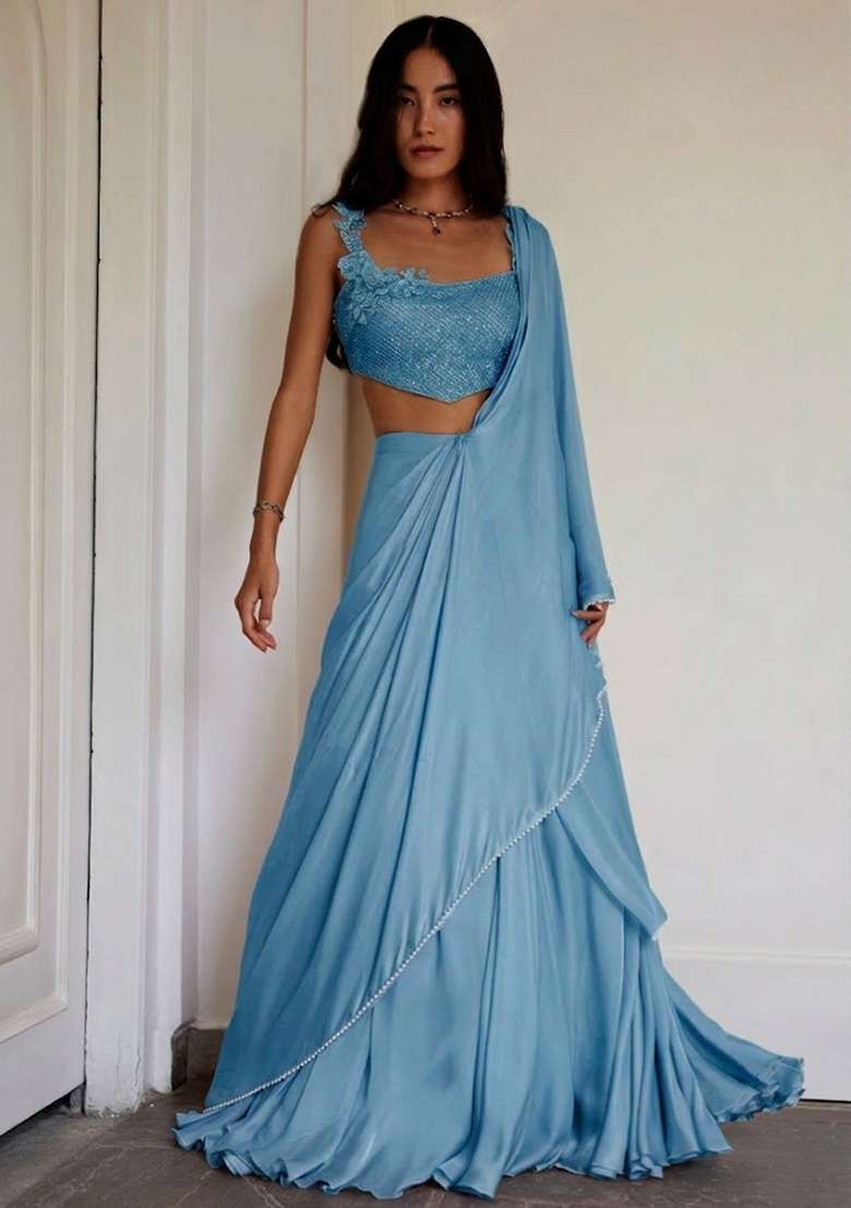 Powder Blue Crepe Handwork Lehenga Set - Indya