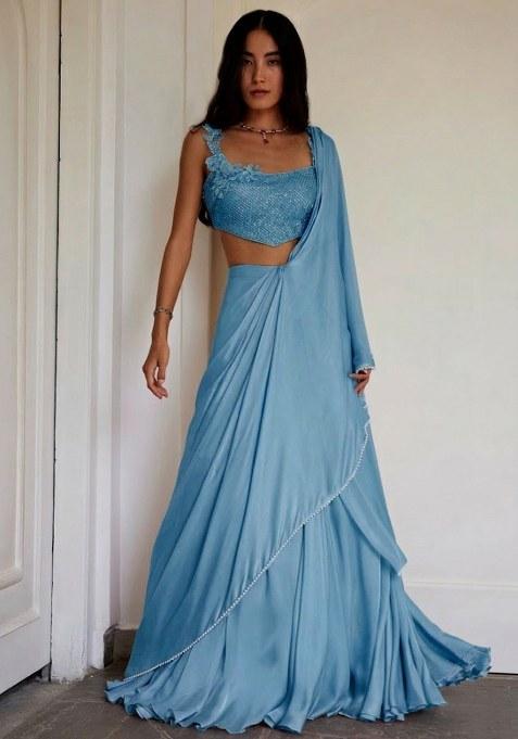 Powder Blue Crepe Handwork Lehenga Set