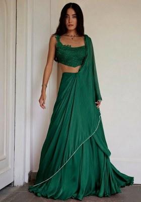 Bottle Green Crepe Handwork Lehenga Set