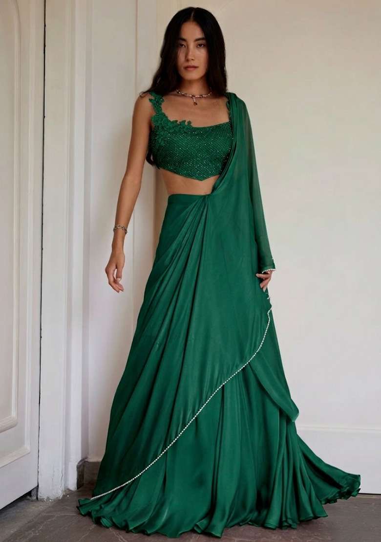 Bottle Green Crepe Handwork Lehenga Set - Indya