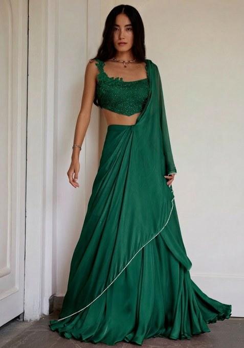 Bottle Green Crepe Handwork Lehenga Set