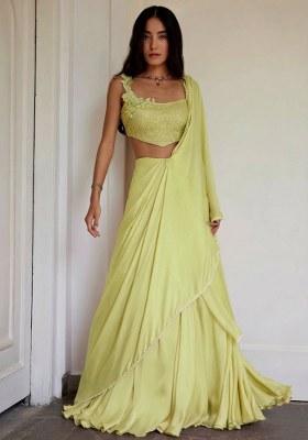 Lemon Yellow Crepe Handwork Lehenga Set