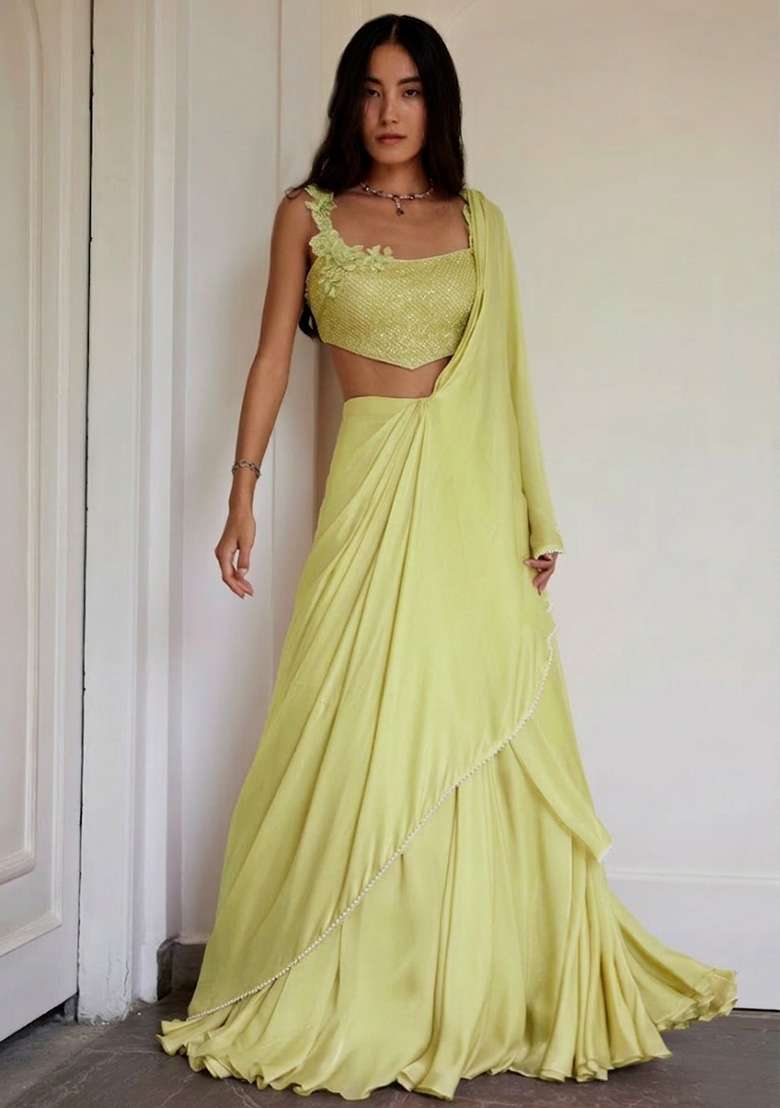 Lemon Yellow Crepe Handwork Lehenga Set - Indya