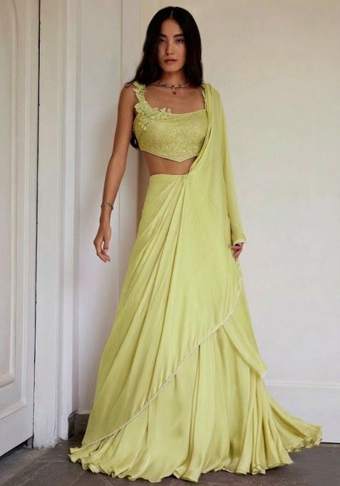 Lemon Yellow Crepe Handwork Lehenga Set