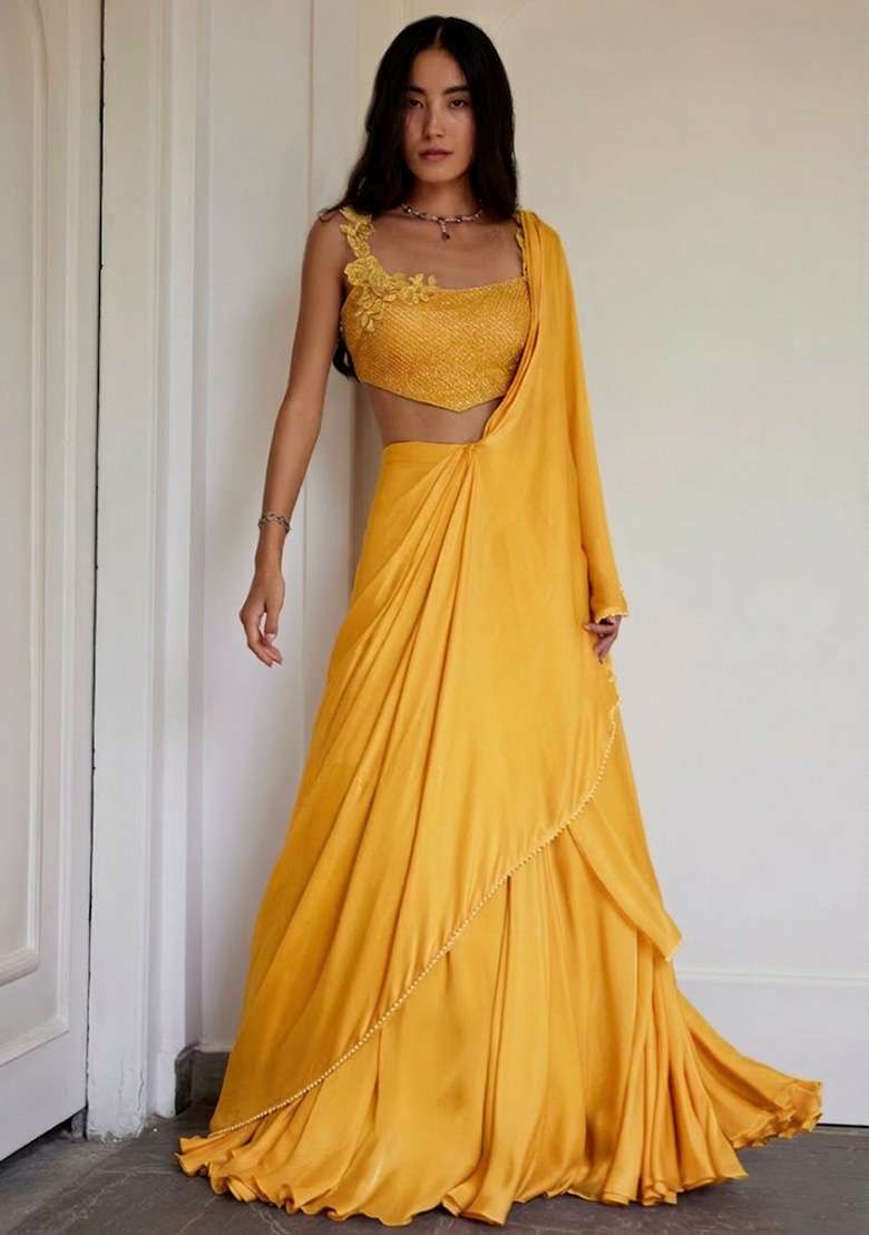 Mustard Crepe Handwork Lehenga Set - Indya