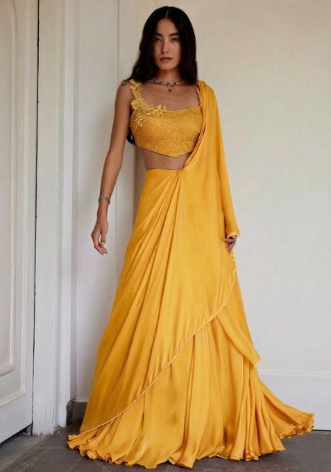Mustard Crepe Handwork Lehenga Set