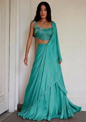 Turquoise Blue Crepe Handwork Lehenga Set
