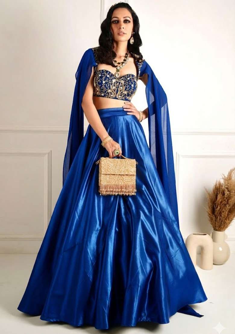 Royal Blue Organza Handwork Lehenga Set - Indya