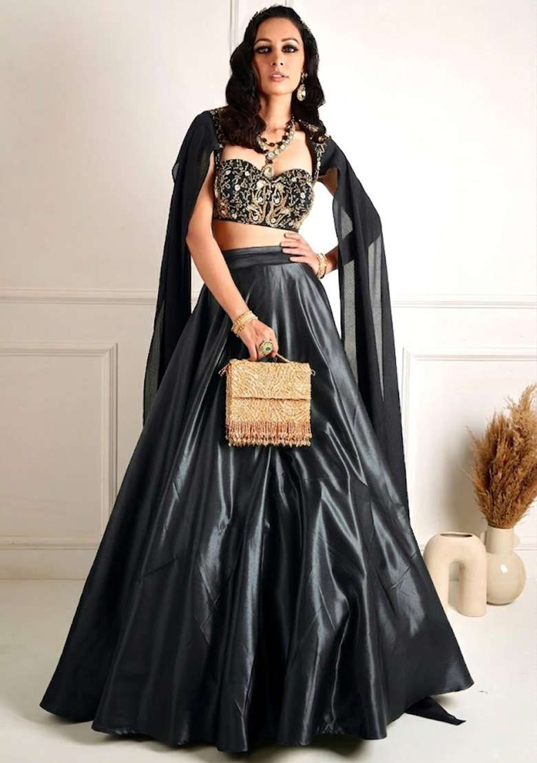 Grey Organza Handwork Lehenga Set - Indya