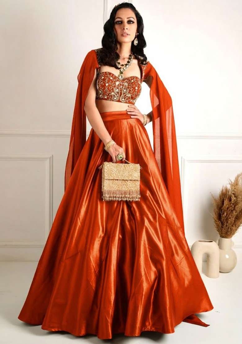 Orange Organza Handwork Lehenga Set - Indya