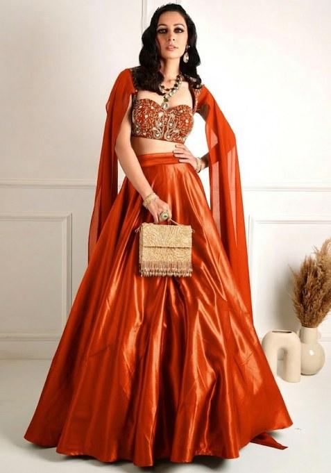 Orange Organza Handwork Lehenga Set