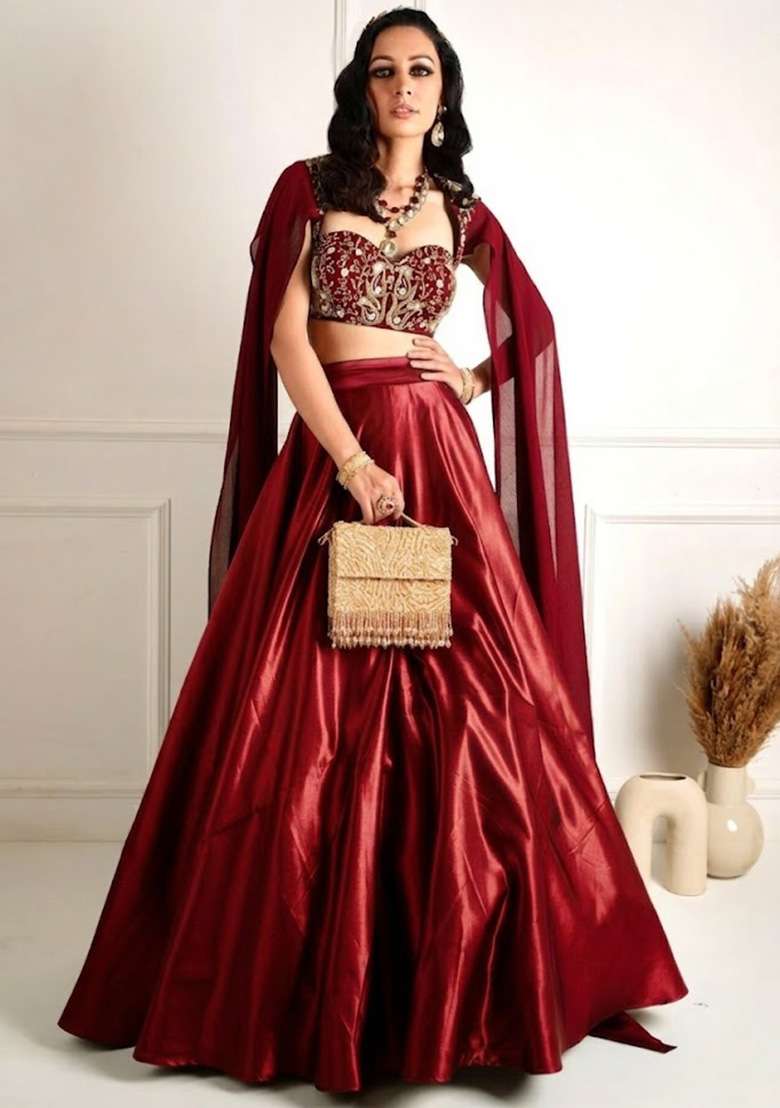 Red Organza Handwork Lehenga Set - Indya