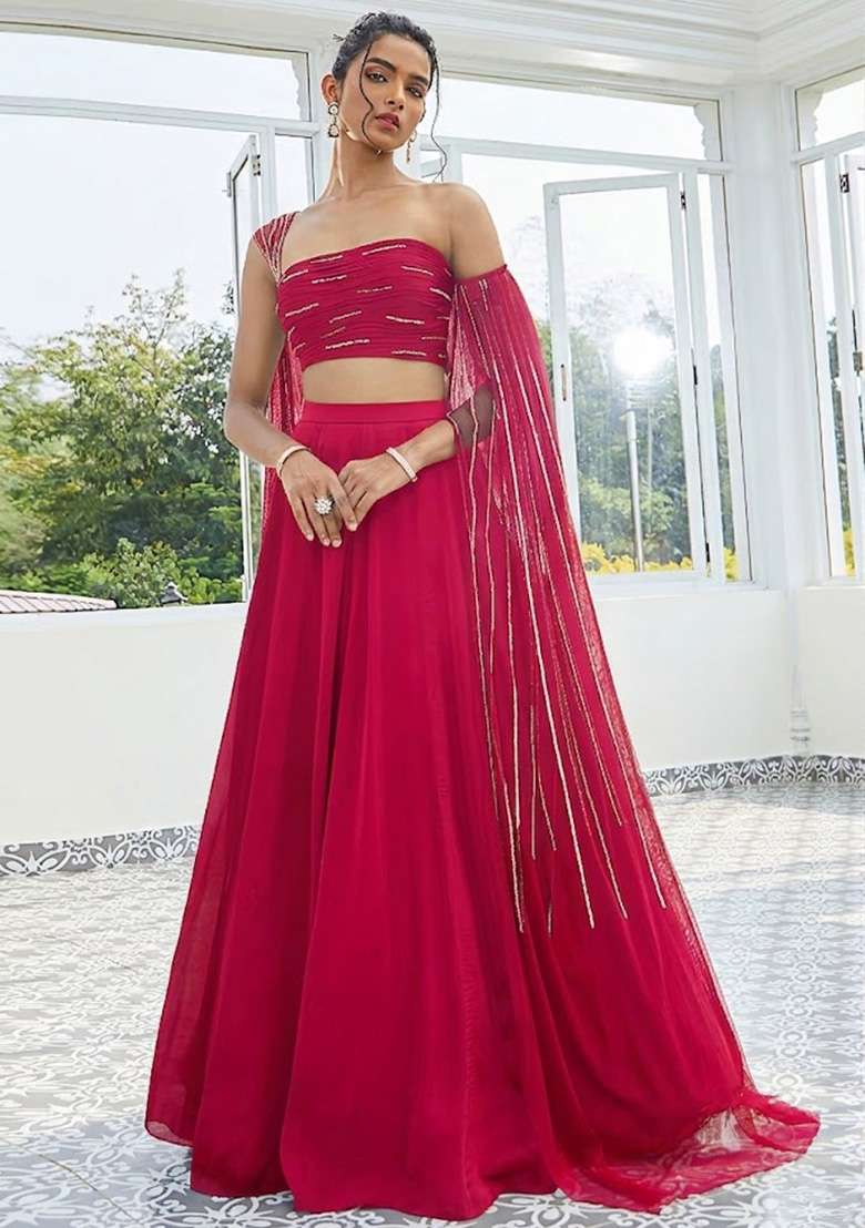 Hot Pink Crepe Handwork Lehenga Set - Indya