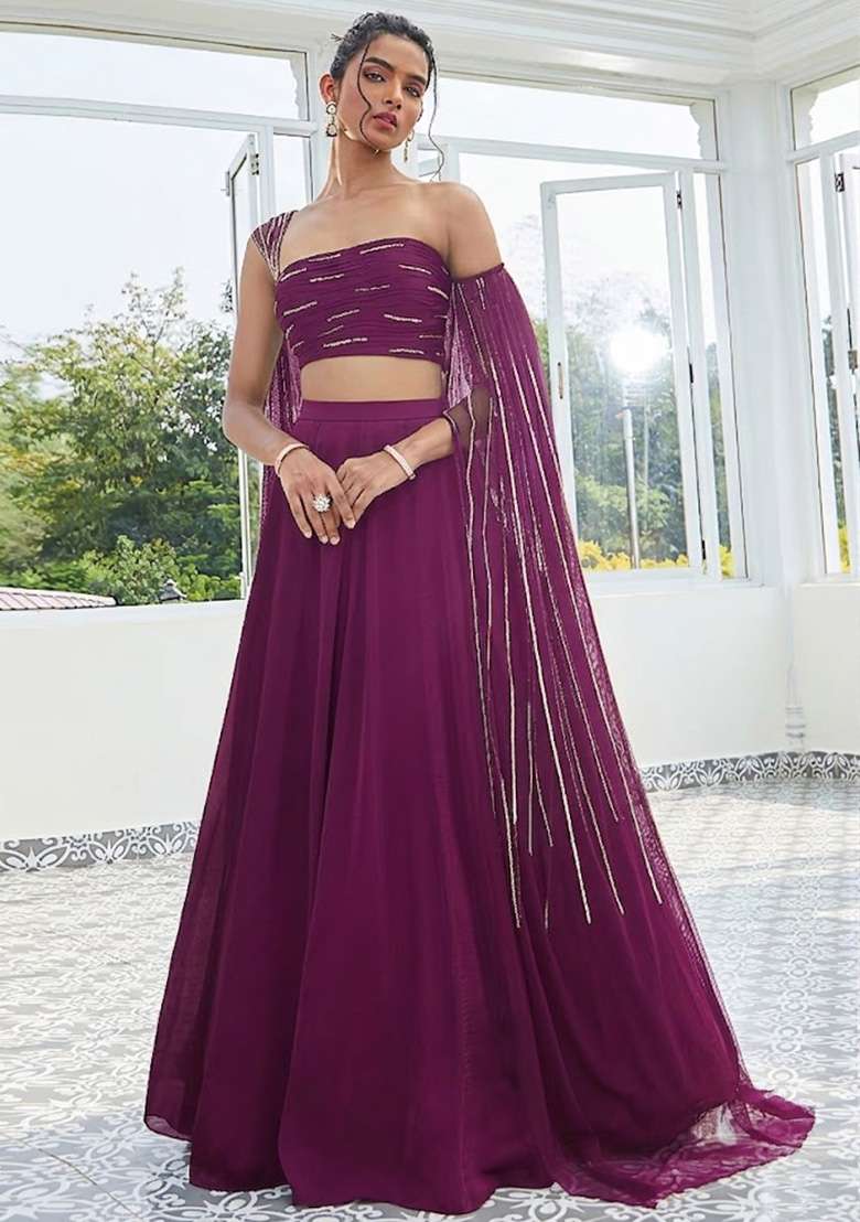 Mauve Crepe Handwork Lehenga Set - Indya