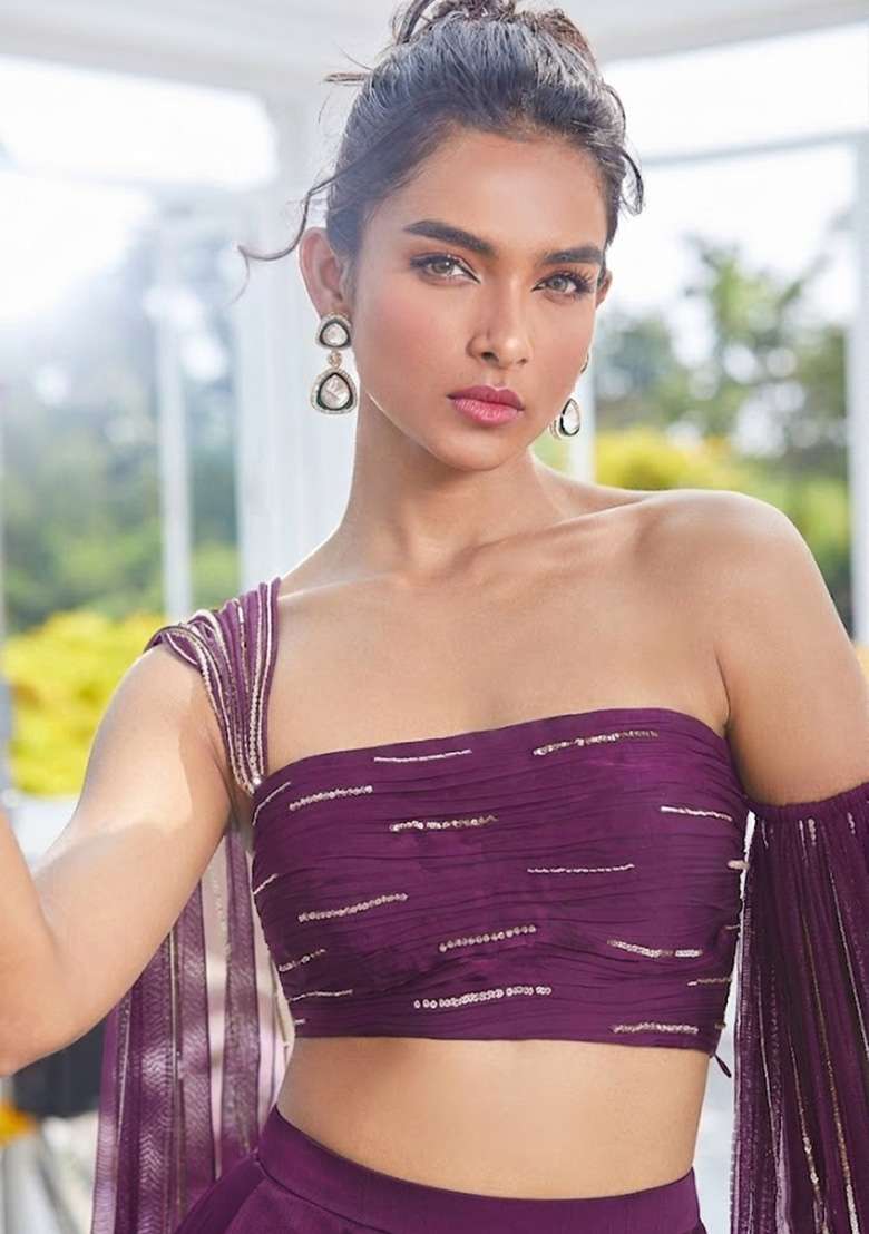 Mauve Crepe Handwork Lehenga Set - Indya