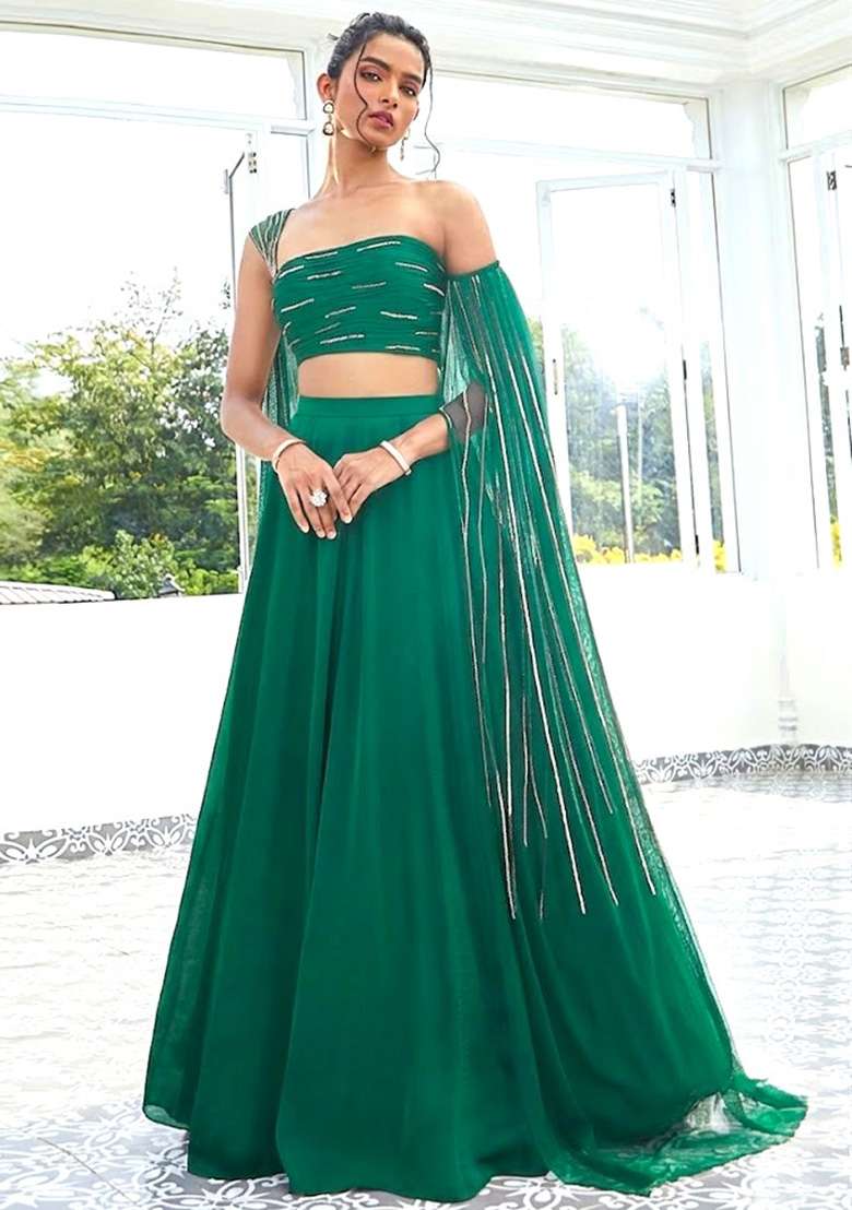 Bottle Green Crepe Handwork Lehenga Set - Indya