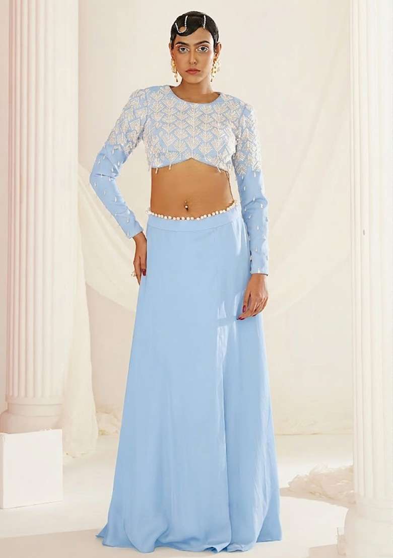 Sky Blue Crepe Handwork Lehenga Set - Indya