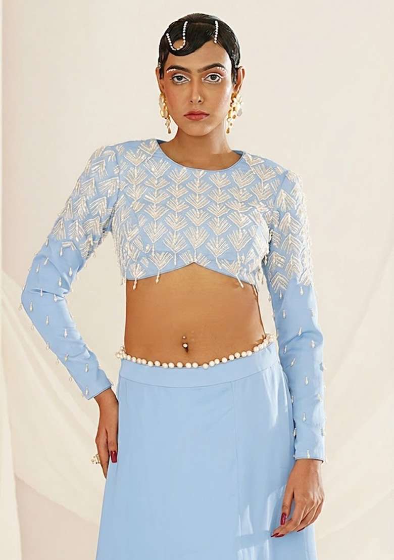 Sky Blue Crepe Handwork Lehenga Set - Indya