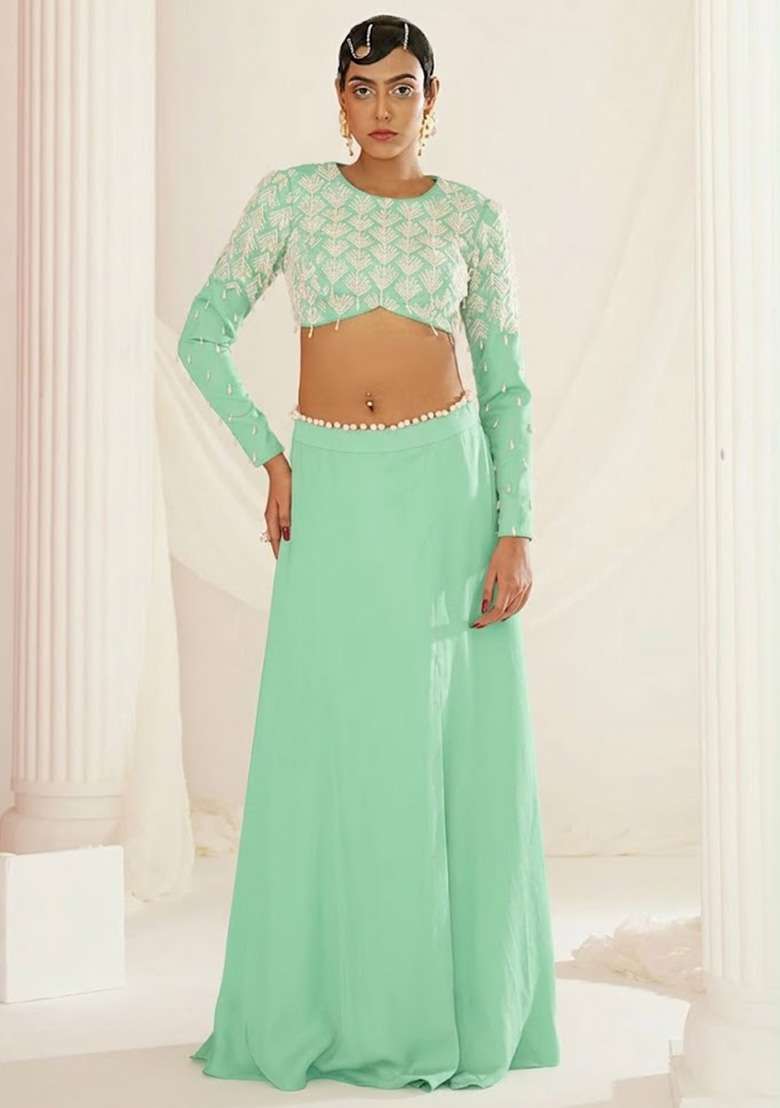 Mint Green Crepe Handwork Lehenga Set - Indya