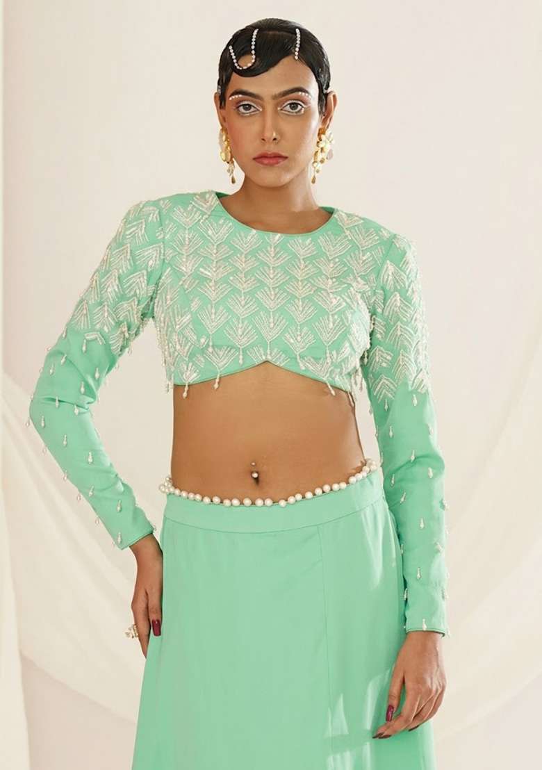 Mint Green Crepe Handwork Lehenga Set - Indya