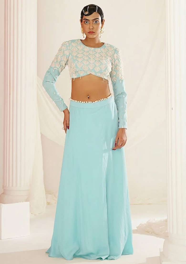 Mint Green Crepe Handwork Lehenga Set - Indya