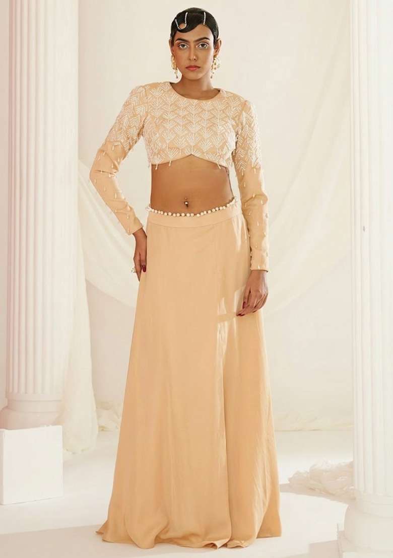 Peach Crepe Handwork Lehenga Set - Indya