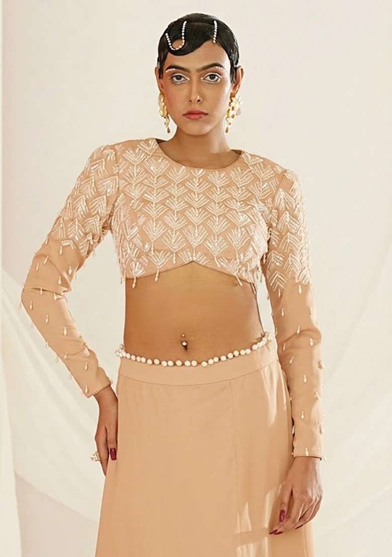 Peach Crepe Handwork Lehenga Set - Indya
