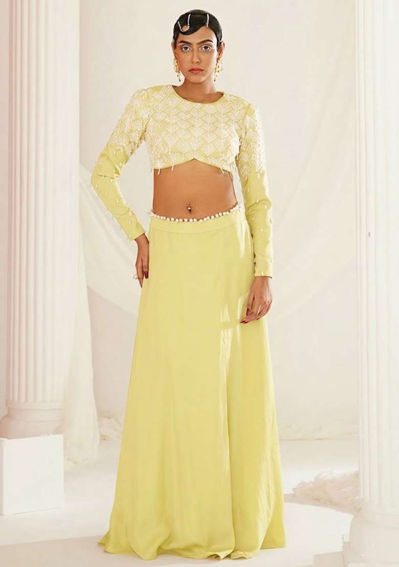 Pastel Yellow Crepe Handwork Lehenga Set - Indya