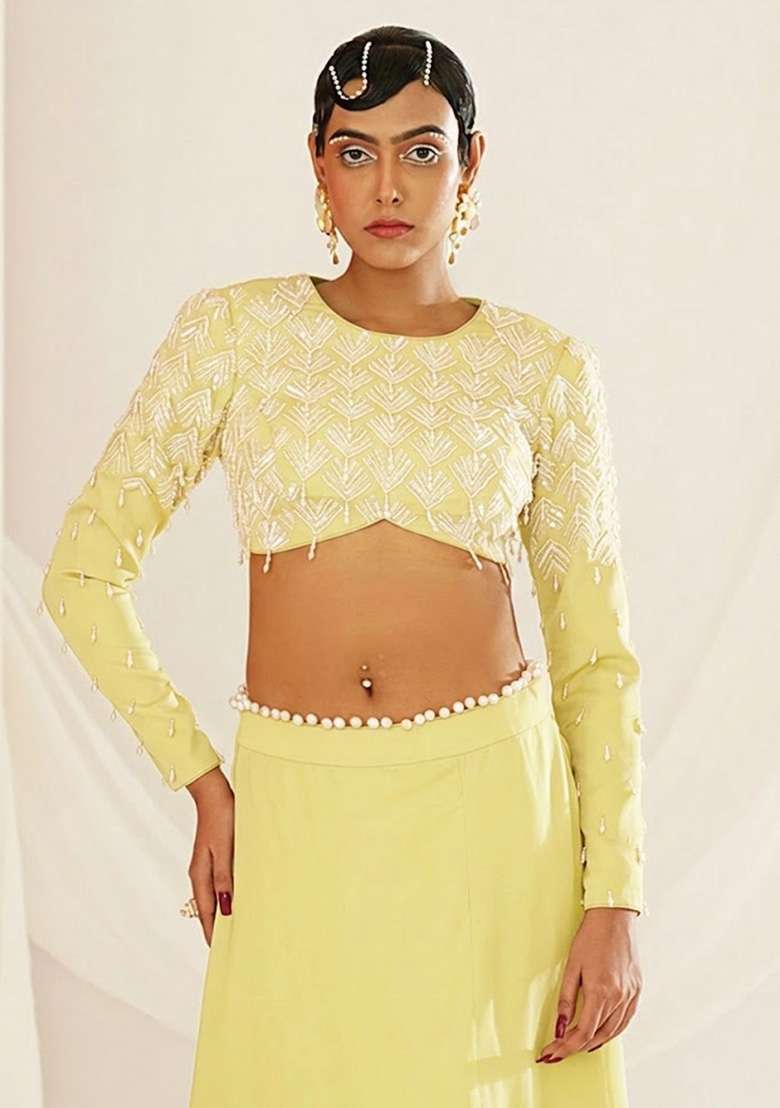 Pastel Yellow Crepe Handwork Lehenga Set - Indya