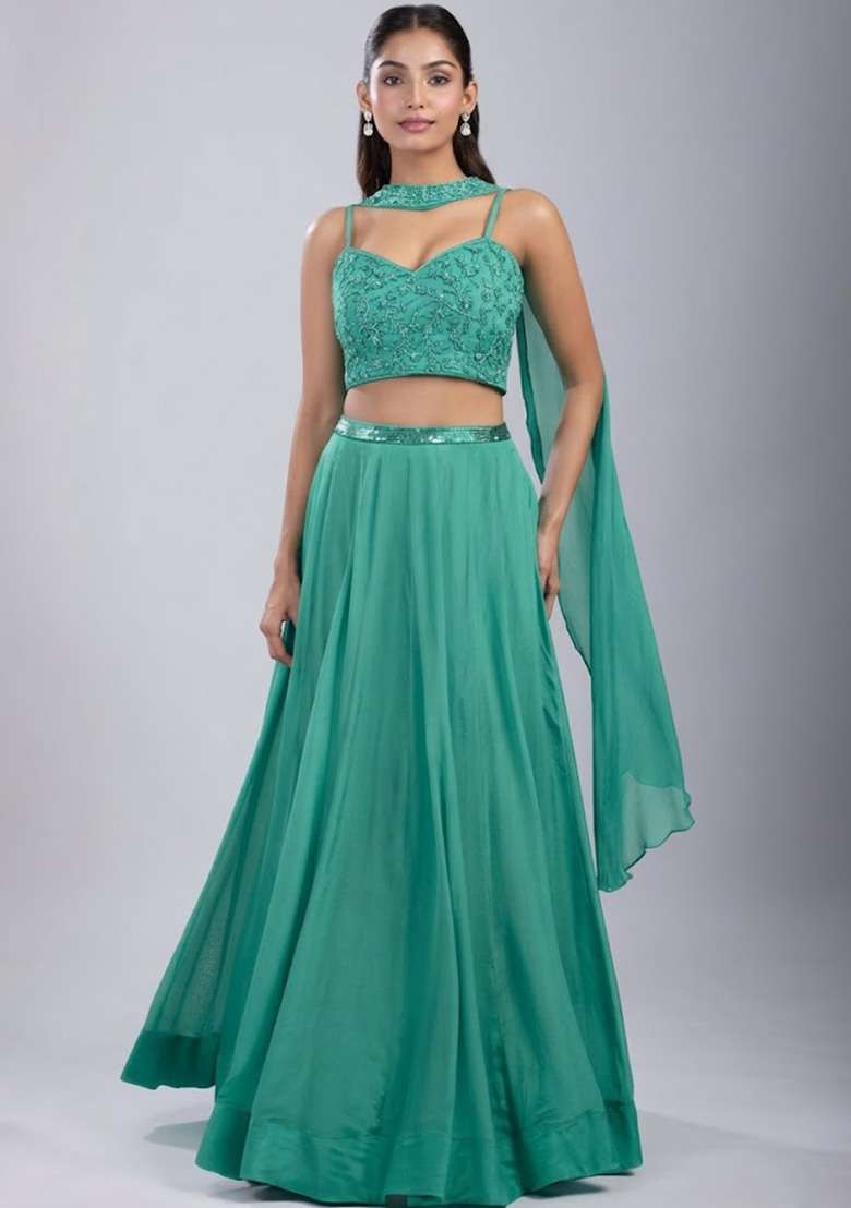 Teal Green Chinon Handwork Lehenga Set - Indya