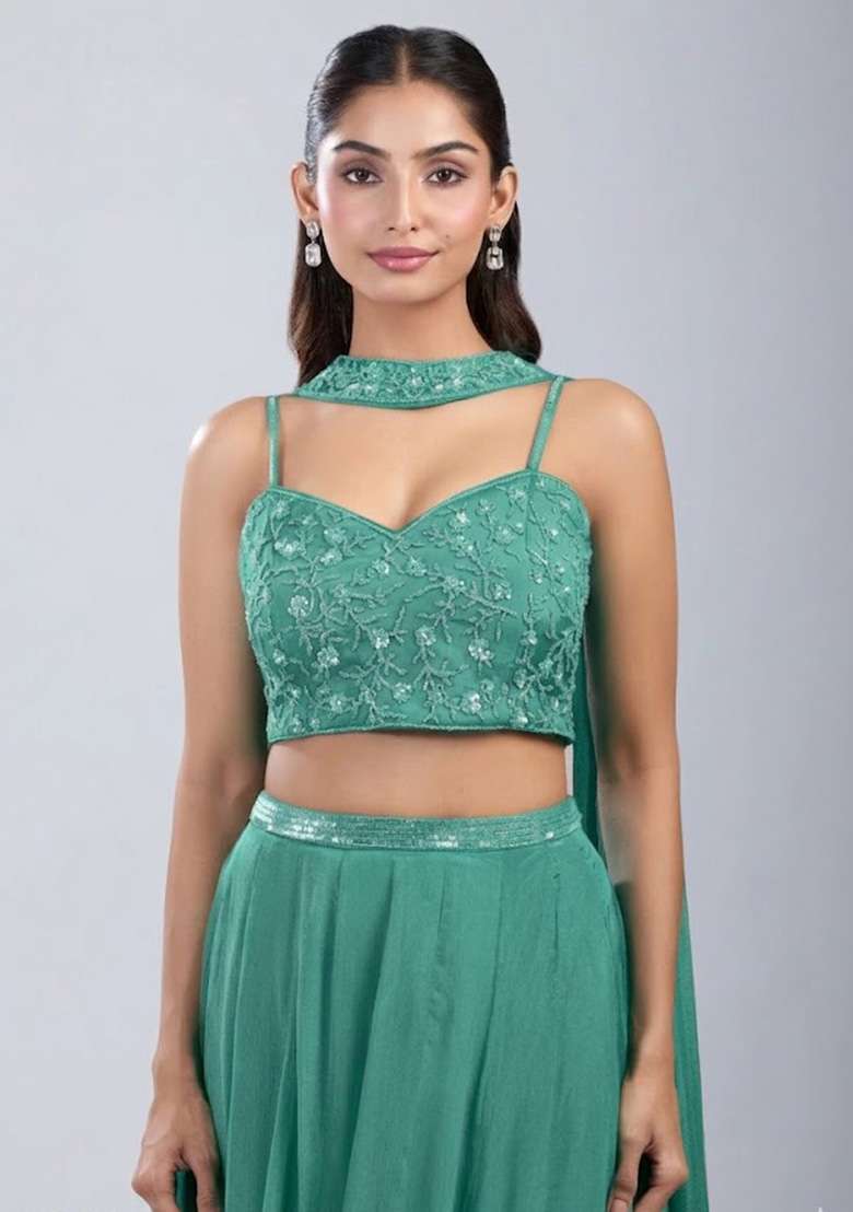 Teal Green Chinon Handwork Lehenga Set - Indya