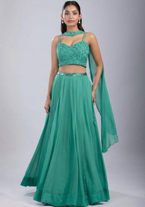 Teal Green Chinon Handwork Lehenga Set