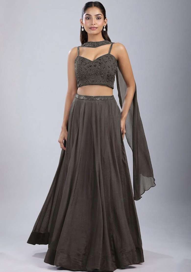 Grey Chinon Handwork Lehenga Set - Indya