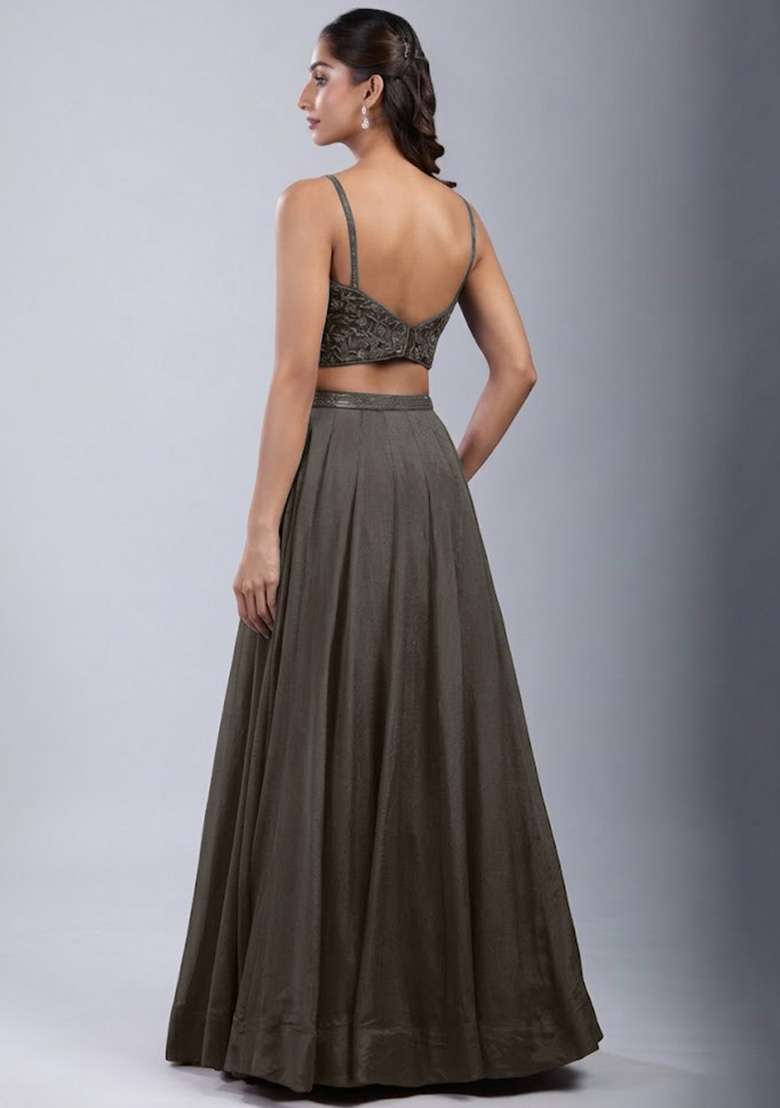Grey Chinon Handwork Lehenga Set - Indya