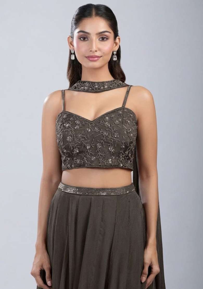 Grey Chinon Handwork Lehenga Set - Indya