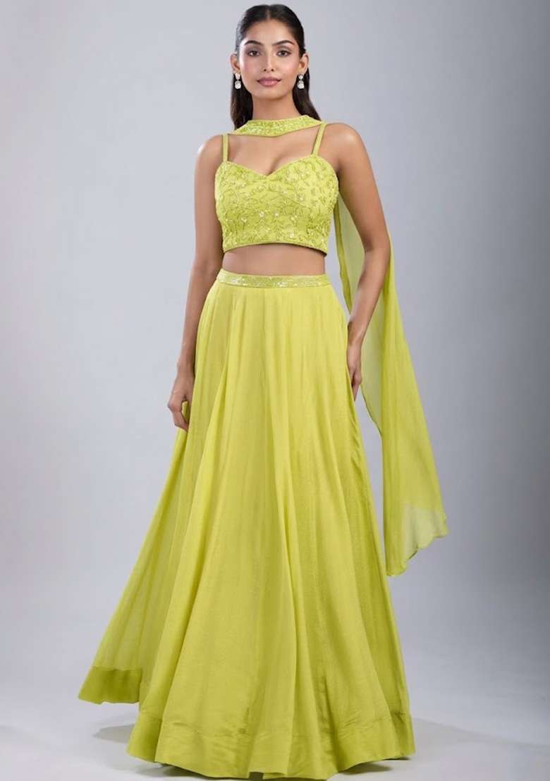 Lemon Yellow Chinon Handwork Lehenga Set - Indya